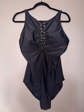 Beyond Black Lace Up One Piece Swimsuit Gold Grommet Detail Size 16